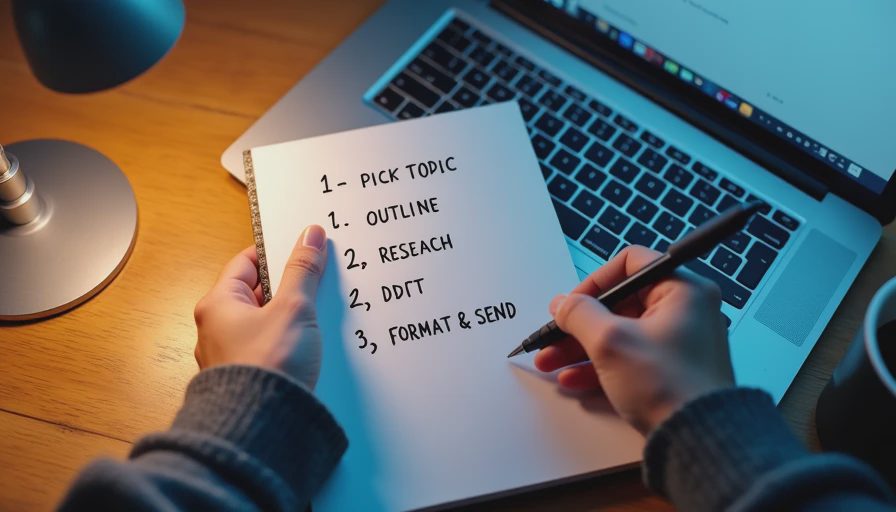Hands writing a six-step newsletter workflow in a notebook beside a laptop.