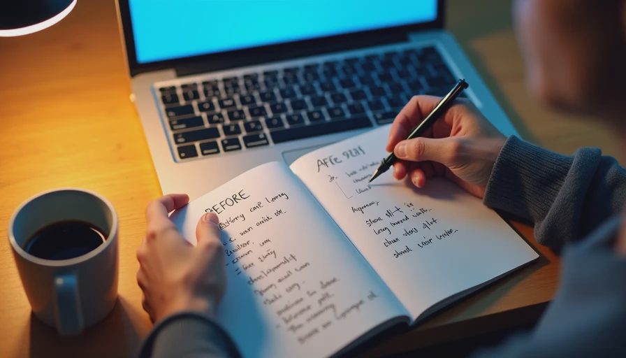 Hands showing a before-and-after email rewrite in a notebook beside a laptop.
