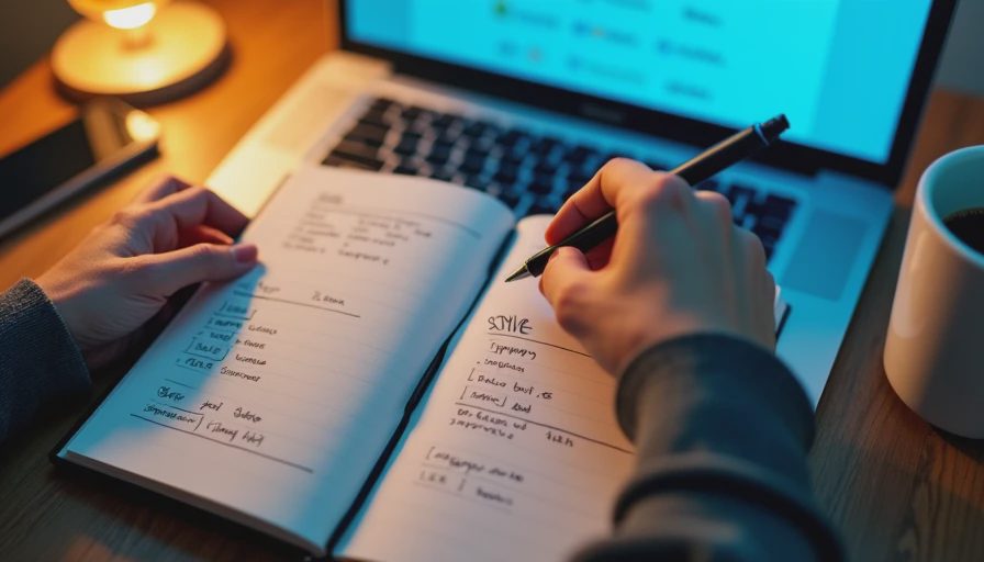 Hands writing a visual style guide with colors, typography, and composition notes in a notebook beside a laptop.