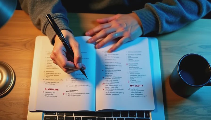 Hands editing an AI-generated podcast outline in a notebook beside a laptop.