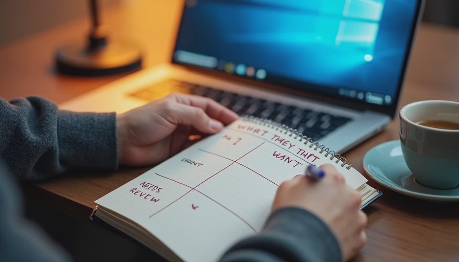 Hands writing a three-column review table in a notebook beside a laptop.