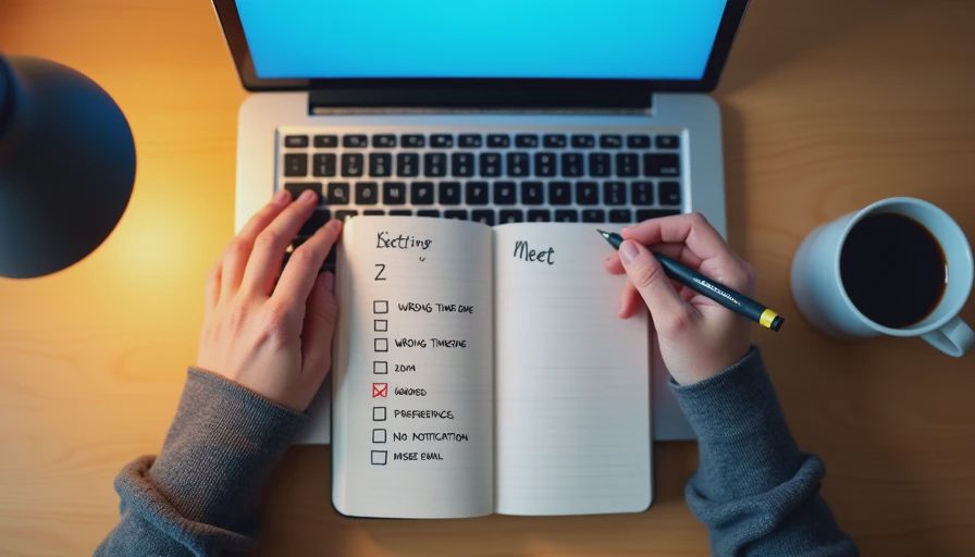Hands writing a list of five meetings with checkmarks and X's, and notes about failures in a notebook beside a laptop.