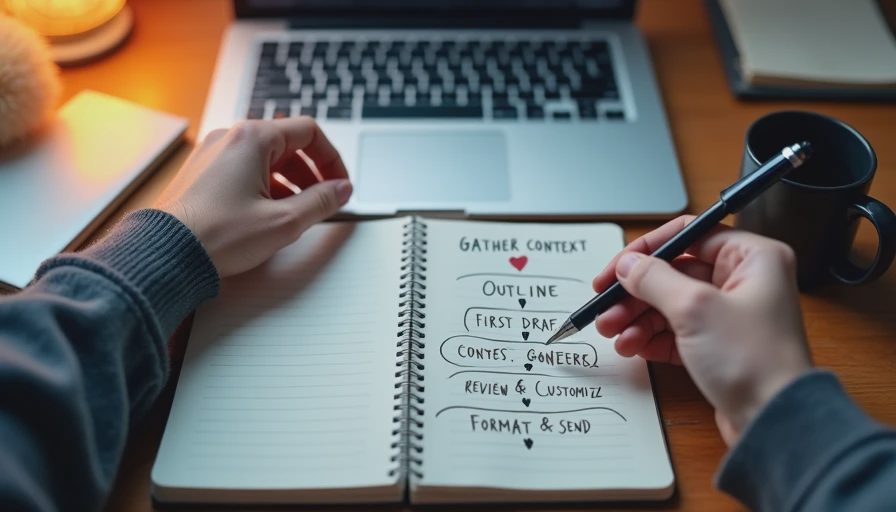 Hands writing a five-step proposal workflow in a notebook beside a laptop.