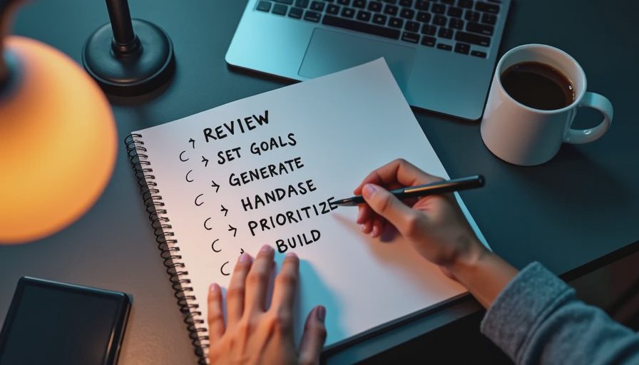 Hands writing a five-step content-planning workflow in a notebook beside a laptop.