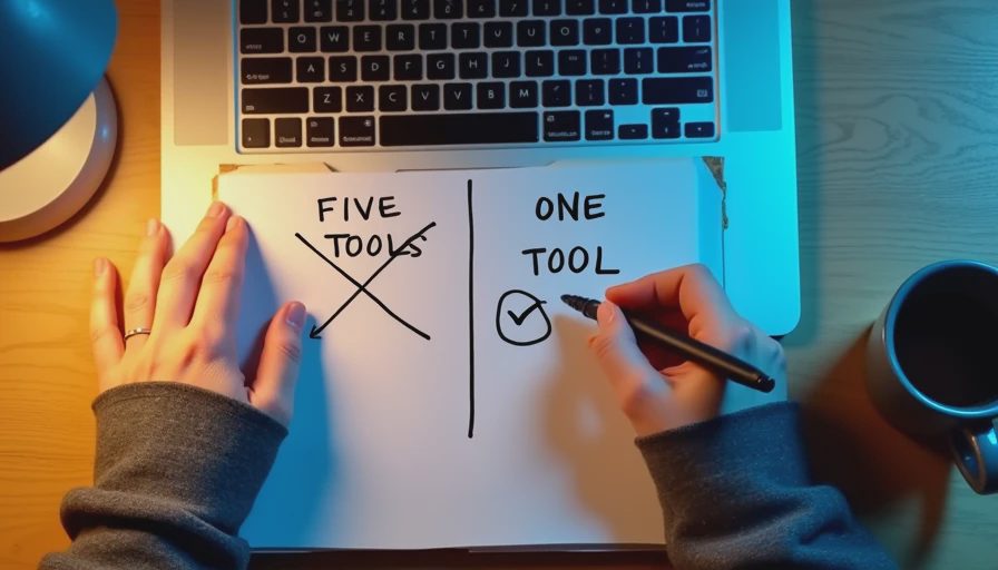 Hands writing a comparison between five tools and one tool in a notebook beside a laptop.


