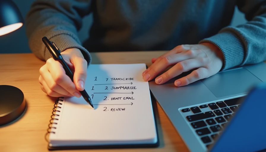 Hands writing a four-step meeting workflow in a notebook beside a laptop.

