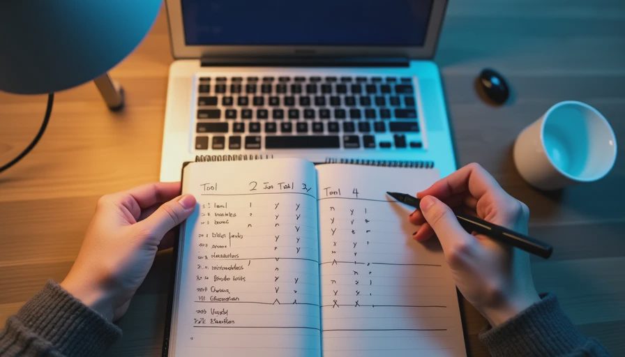 Hands writing a comparison table of four AI research tools in a notebook beside a laptop.