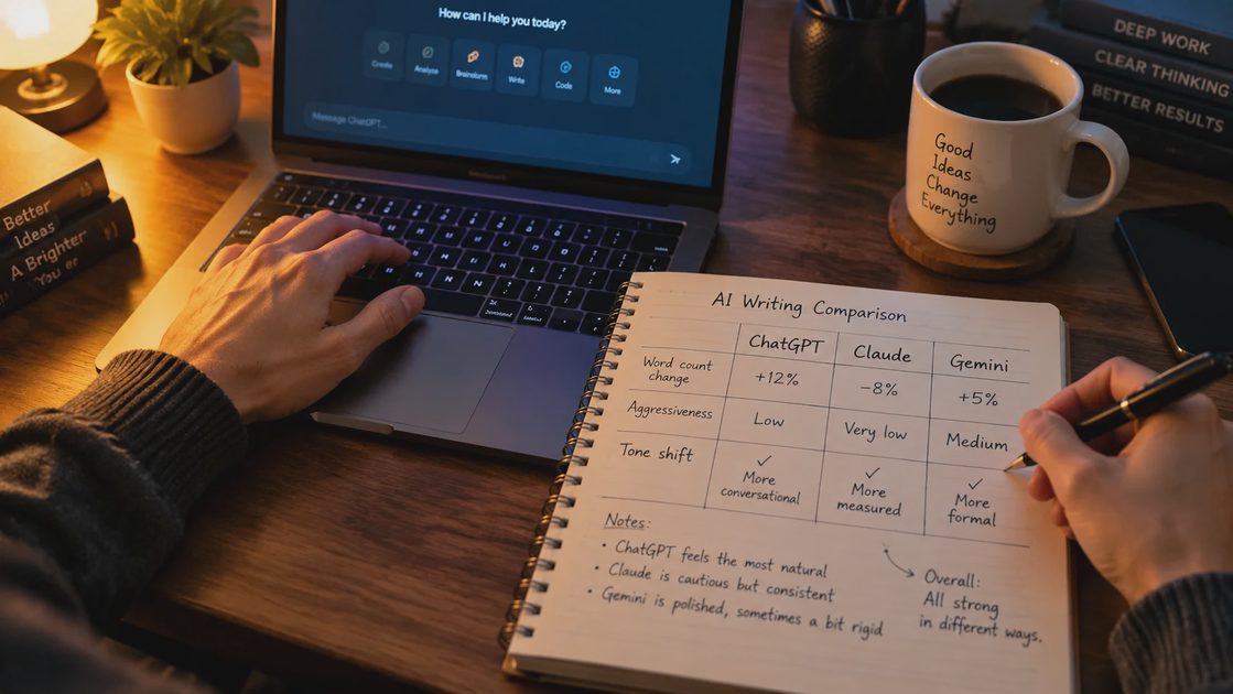 Hands writing a comparison table of three AI tools in a notebook beside a laptop.