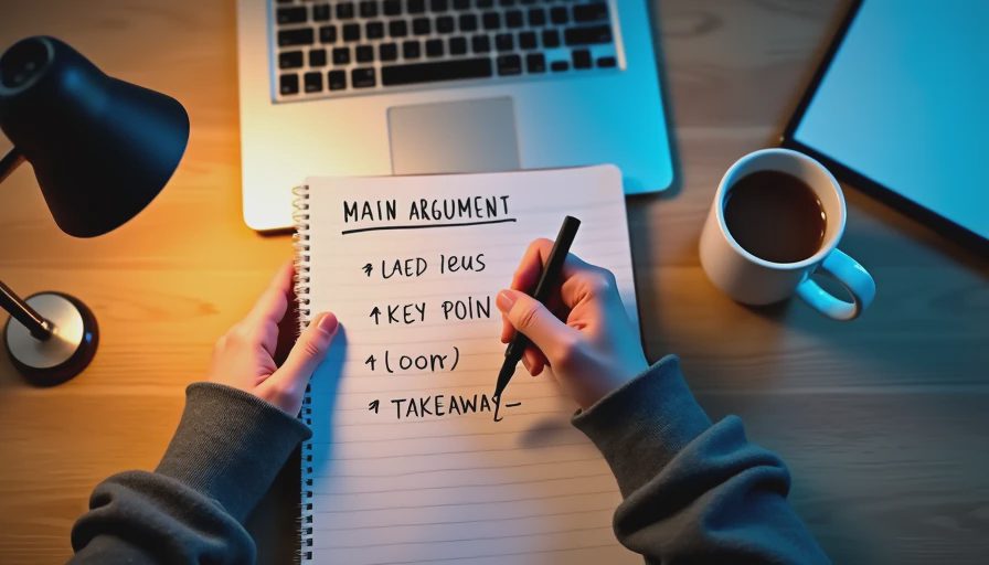 Hands writing a template with headings for consistent AI output in a notebook beside a laptop.