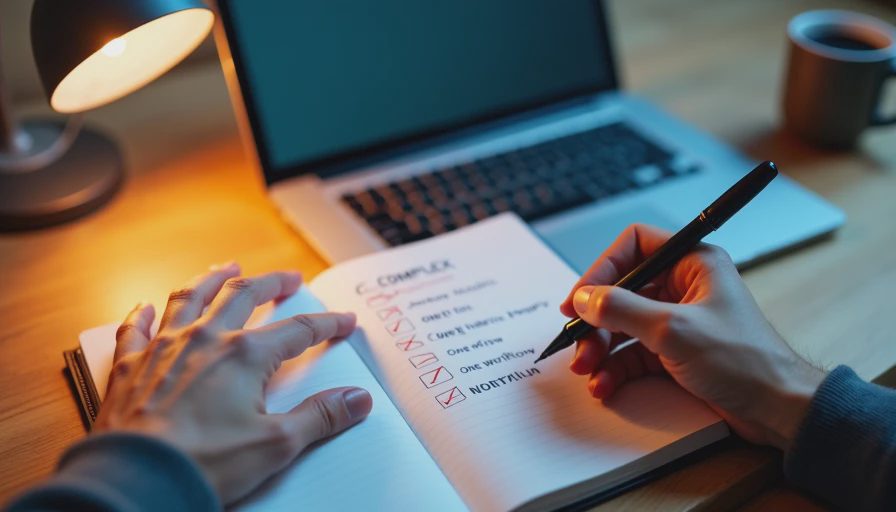 Hands writing a comparison of complex vs. simple AI systems in a notebook beside a laptop.