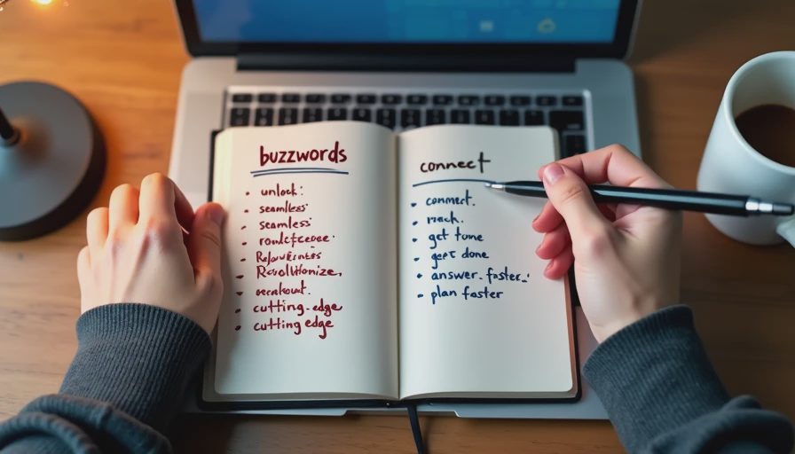 Hands crossing out buzzwords and writing plain-language replacements in a notebook beside a laptop.