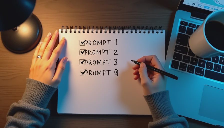 Hands comparing three AI-generated follow-up email prompts in a notebook beside a laptop.

